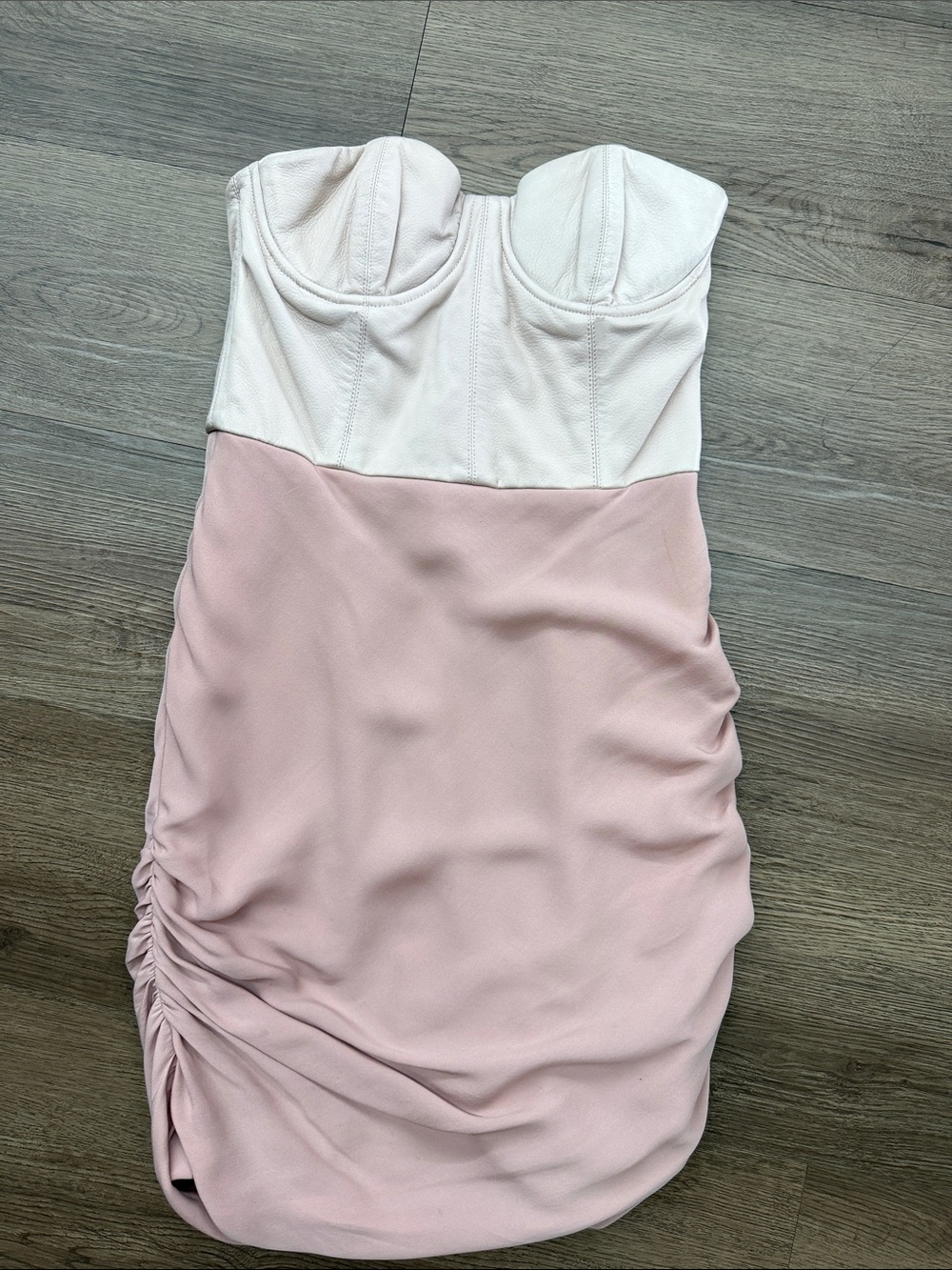 Alice + Olivia Strapless Pink Leather Corset Top Ruched Silk Bodycon Dress Sz 4